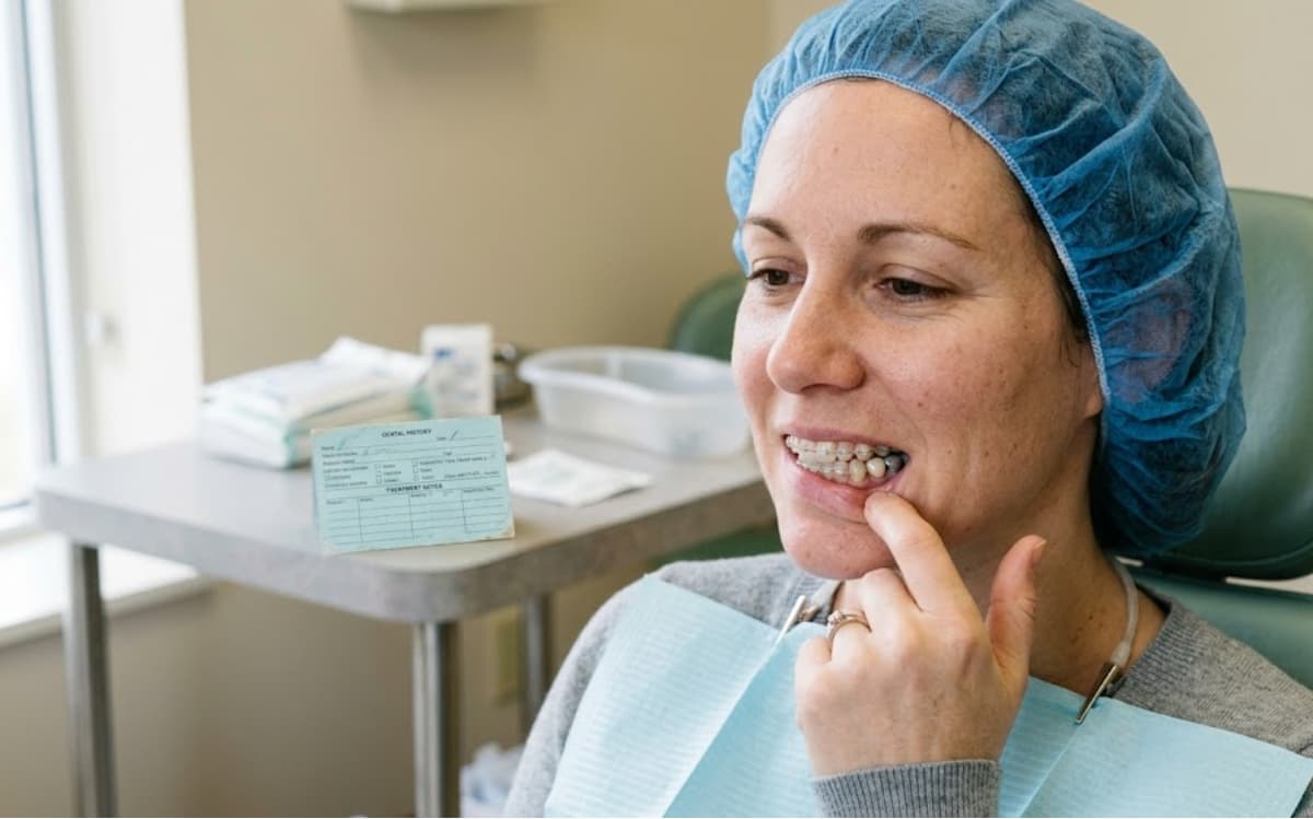Patient in a dental clinic chair pointing to her teeth while discussing oral hardware with a dentist.