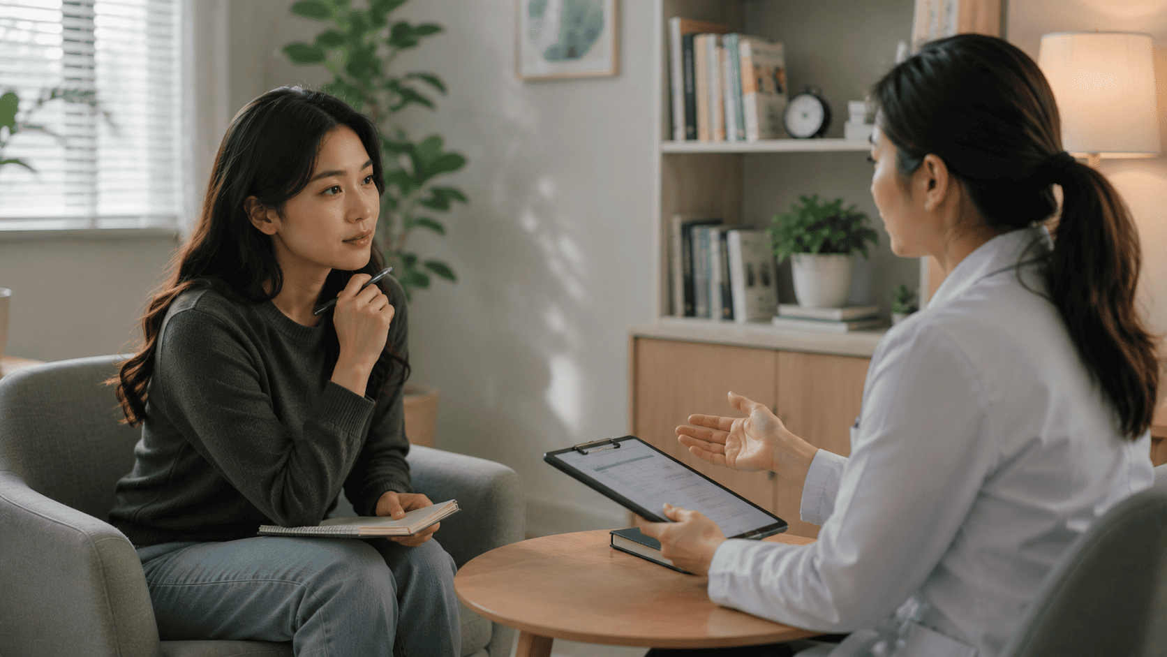 Woman listening thoughtfully as her doctor explains treatment resistant depression management options.