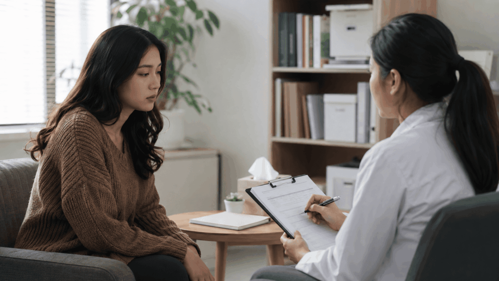 Woman discussing treatment resistant depression symptoms with her therapist during a counseling session.