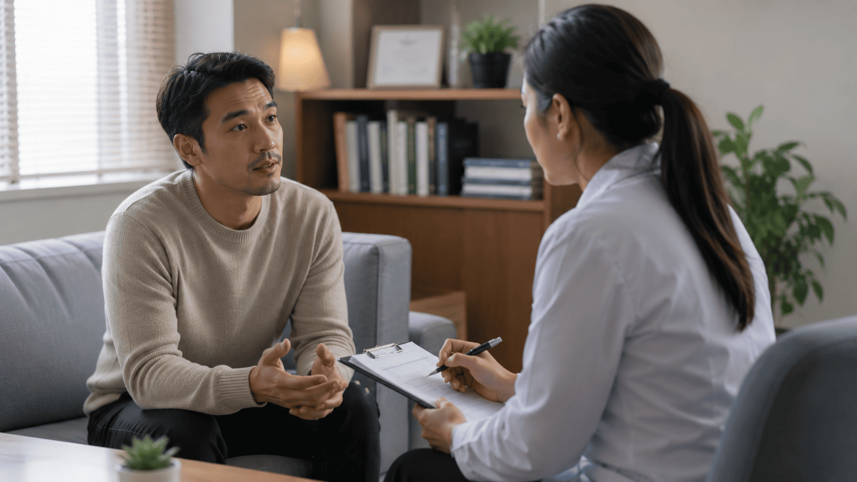 Man opening up about treatment resistant depression while his doctor takes notes on a clipboard.