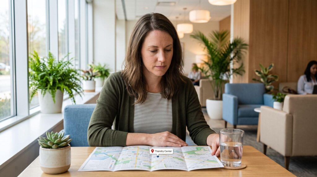 Woman at a clinic checks a local map checking a TMS therapy center's location before her appointment.